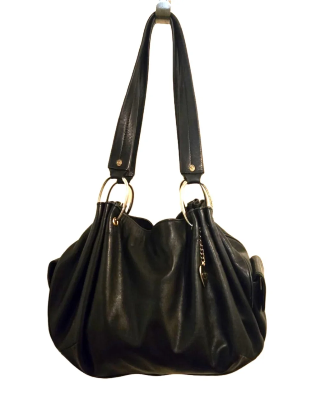 Juicy Couture Y2K Black Genuine Leather Pleated Hobo Handbag